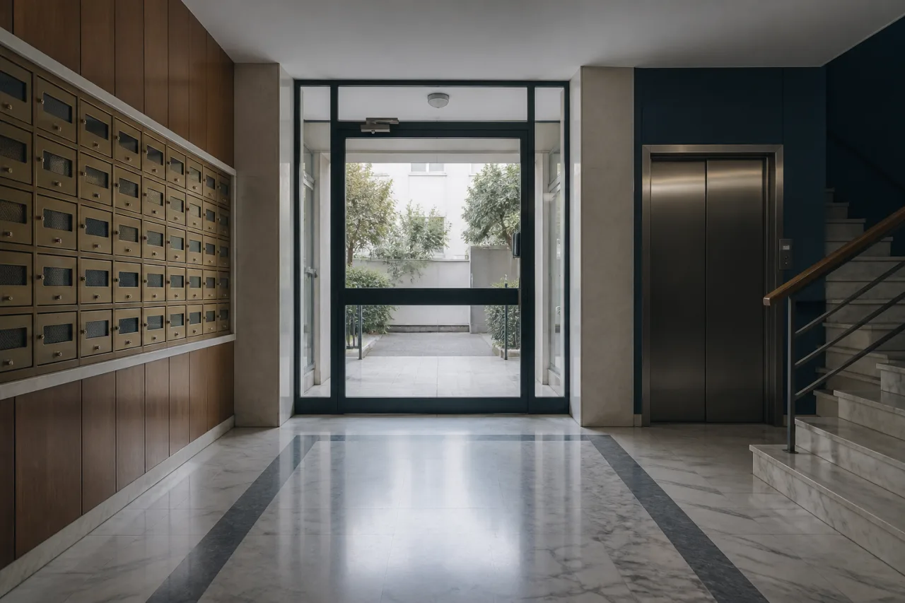 Καθαρή είσοδος πολυκατοικίας με γραμματοκιβώτια, ασανσέρ και μαρμάρινο δάπεδο